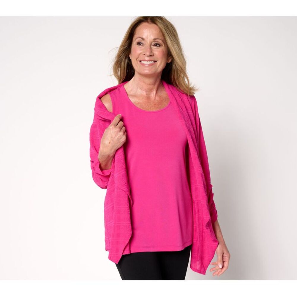 Susan Graver Women's Top Plus Sz Sweater 3X Textured Woven Cardigan Pink A689877